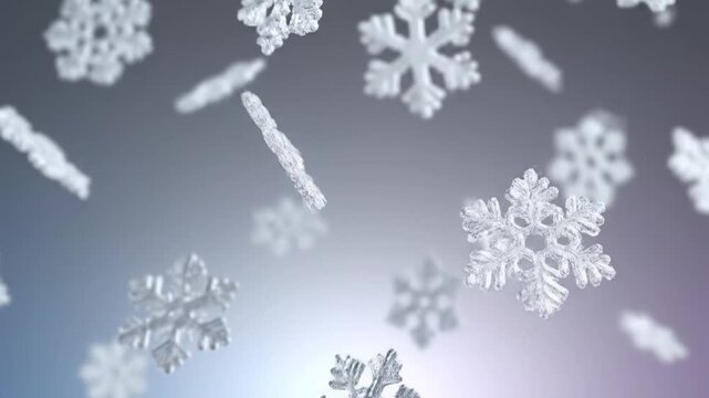 Continuous cascade of crystalline snowflakes with hexagonal patterns, translucent and sparkling on a soft gray-blue gradient, static shot with shallow depth of field, varied speeds, light below