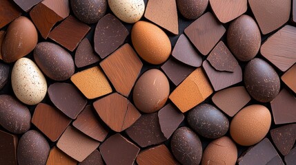 Overhead view of a pattern made of chocolate eggs and wooden pieces in various shades of brown, creating a textured background.