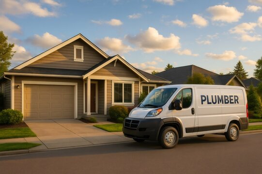 Plumber van parked on a suburban street. Professional service vehicle ready for home repair and maintenance