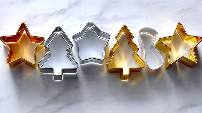 A collection of Christmas-themed cookie cutters, including stars, trees, and a gingerbread man shape, arranged on a white marble surface. The cutters are made o - Powered by Adobe