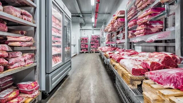 Medium shot capturing energyefficient cold storage room featuring modern insulation and LED lighting maintaining stable climate for meat storage