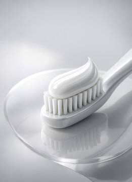 White toothpaste on a clean toothbrush in a bright, minimal setting. Fresh oral care concept with soft lighting, smooth textures and high-detail hygiene imagery.