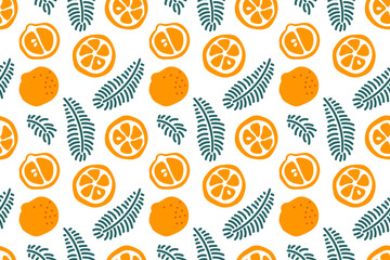 Christmas Seamless pattern. Hand drawn doodle Repeated print for textile, wrapping, wallpaper, menu. Pattern featuring Christmas trees and tangerine slices for holiday designs, festive projects