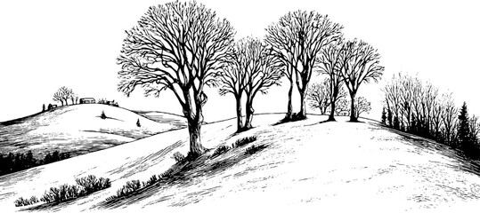 Winter landscape scene with snowy hillside and bare trees in engraved decorative style