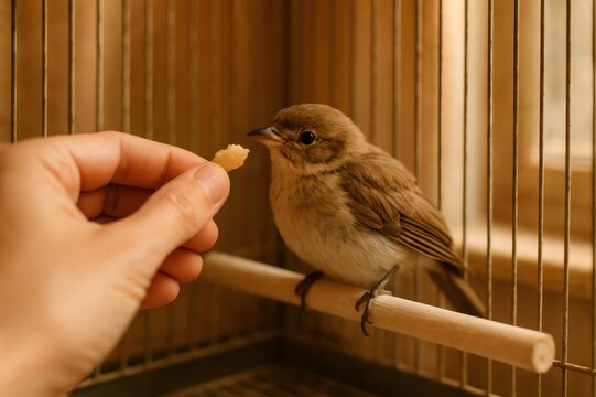 Small bird receiving food from a human hand, perching inside a cage, symbolizing animal rescue and rehabilitation