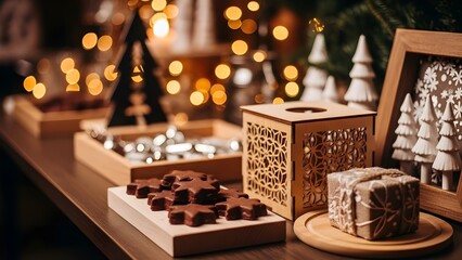 Festive christmas market display with wooden decorations and lights