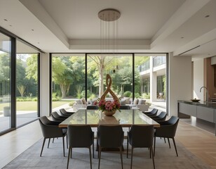 Modern Dining Area with Sculptural Centerpiece and Garden View