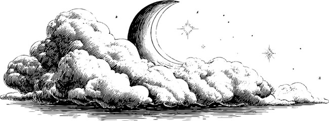 Stylized winter sky with moon and clouds decorative engraved illustration