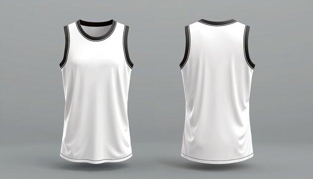 Illustration of white basketball jersey template front, back views. Blank tank top shirt for team club uniform design. Sportswear apparel design concept. Mockup for basketball game or related events.
