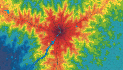 Abstract colorful city map heat map. Data visualization presents urban density patterns. Infrastructure shown with road network. Modern cartography depicts accessibility zones in vibrant colors.