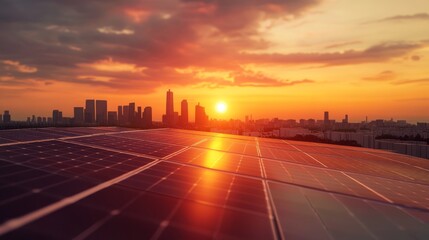 A sunset casts a warm over the city skyline where solar panels signify the promising future of sustainable energy, merging urban development with innovative technology and environmental responsibility
