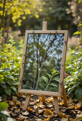 Natural Wooden Display Stand in a Bright Spring Garden