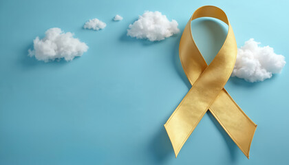 Golden ribbon, soft white clouds float on gentle blue background. Symbol represents childhood cancer awareness, hope, support for young patients. Promotes health care, medical research, charity