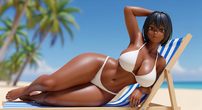 A 3D rendered image features a young adult woman with dark brown skin and a curvaceous figure, reclining on a striped blue and white deck chair on a sunny beach.