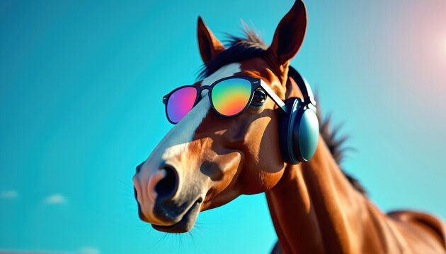 Horse wearing reflective sunglasses and headphones against a bright blue sky. This cool equine enjoys music and a sunny day, showing a funny, trendy, and modern style.