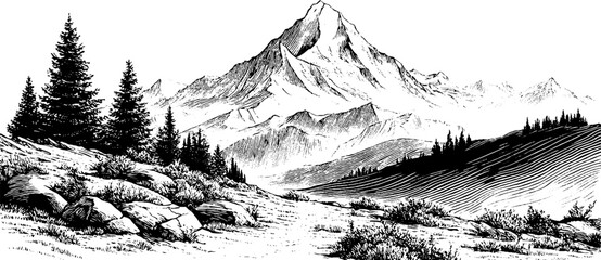 Engraved alpine hillside scenery with mountain and trees for nature art decor