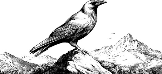 Fototapeta premium Vintage engraving of alpine raven perched on rocky mountain peak - nature illustration for retro decor