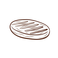 A piece of steak with distinctive grill marks. Vector illustration in a line art style. A simple black and brown image with no color, isolated on a white background. Suitable for menus, packaging