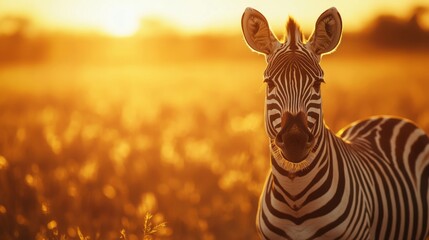 Naklejka premium As the sun sets, sky with hues, a majestic zebra stands gracefully, blending into the landscape. This scene encapsulates the tranquility and beauty of the outdoors, inviting exploration of its wonders