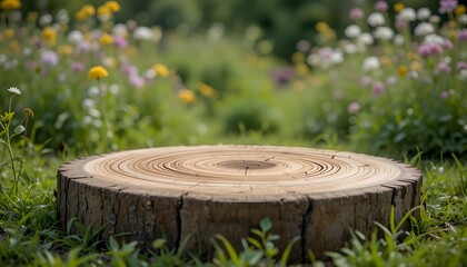 Rustic Wooden Slab in Garden with Blurred Wildflowers and Plants