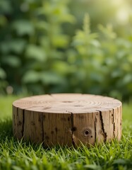 Rustic Wooden Tabletop Podium on Grassy Field with Green Plant Background