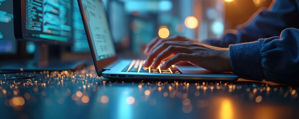 Person types on glowing laptop keyboard. Screens show data code. Developer works late night in digital tech environment. Bokeh lights highlight modern programming. Programmer focused on coding