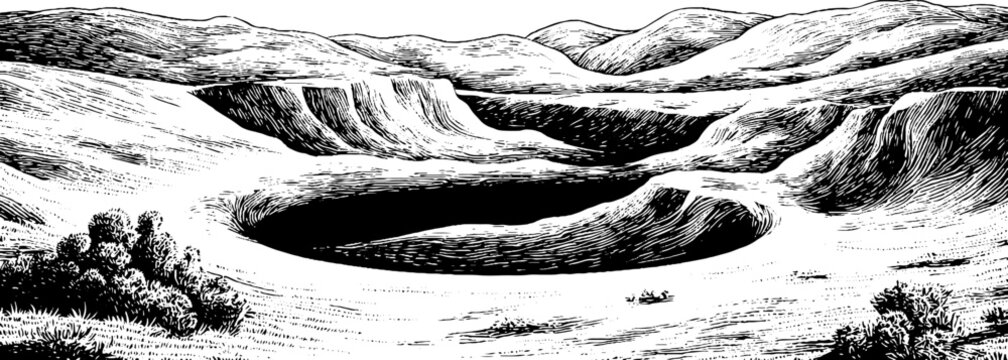 Engraved illustration of an otherworldly landscape with crater and hills