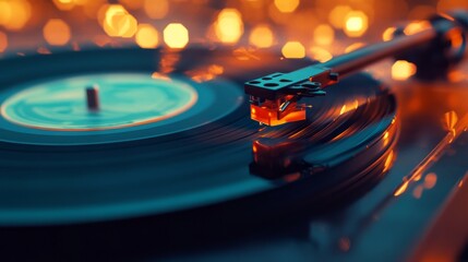 Vintage vinyl record player with spinning turntable and needle arm in warm golden bokeh lighting, creating retro music nostalgia atmosphere classic sound aesthetics for lifestyle and design concepts.