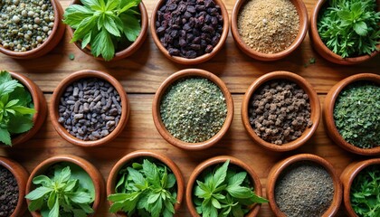Variety of culinary and medicinal herbs display in wooden bowls. Top view of fresh and dried spices arranged on a wood surface. Culinary ingredients collection