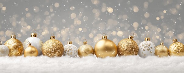 a wide, horizontal banner featuring an array of gold christmas decorations against a soft gray background with twinkling stars and bokeh lights Generative AI