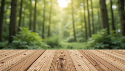 Smooth Wooden Tabletop with Blurred Natural Forest Background