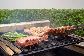 Grilling ribs, chicken wings, and asparagus creating delicious smoke
