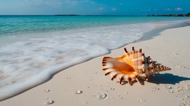 A beautiful orange and white striped conch seashell rests on the wet white sand of a tropical beach with turquoise ocean waves washing ashore under a bright blue sky