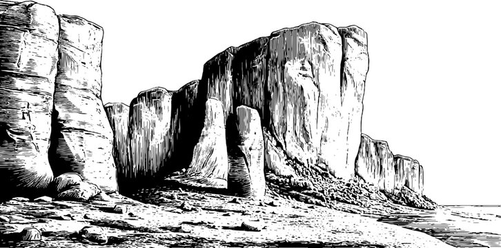 Scenic engraved illustration of eroded mudstone cliffs for natural landscape design
