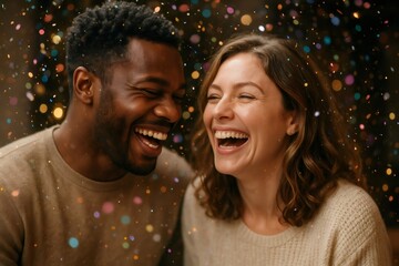 Diverse couple laughing heartily, enjoying a cheerful celebration with falling colorful glitter and festive background bokeh