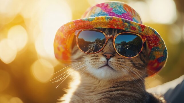 A stylish cat wearing a hat and chic sunglasses, enjoys the summer vibes outdoors. This charming feline radiates joy and a carefree spirit, showcasing its unique personality and bringing smiles to all