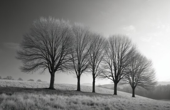 Bare trees stand on grassy hill under soft sky. Leafless branches create pattern against gradient light. Natural landscape scene evokes winter or fall feeling, peaceful mood.