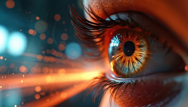 Macro view of human eye with glowing iris reflects abstract colorful lights. Eyelashes frame detailed pupil observing bright digital data streams, futuristic perception concept.
