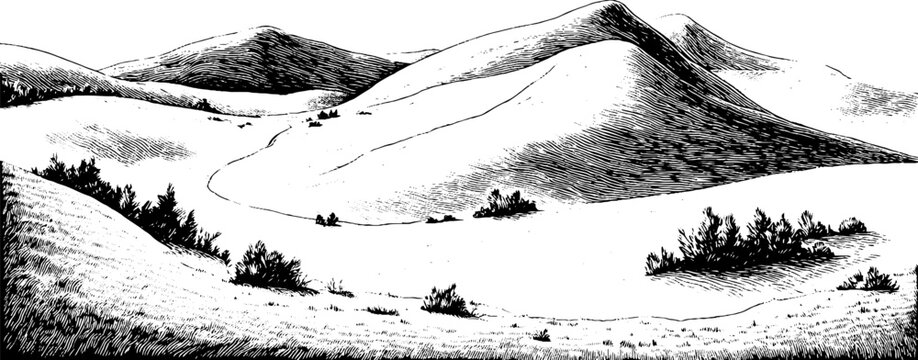 Engraved decorative illustration of rolling foothills landscape for design and print