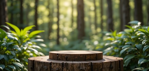 Wooden Podium in Outdoor Forest Setting with Natural Sunlight