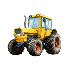Obraz premium Yellow agricultural tractor with large muddy wheels isolated on transparent background