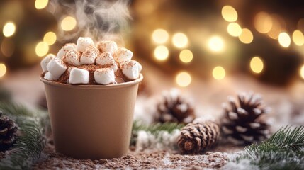 Imagine a warm and cozy cup of hot chocolate fluffy marshmallows, perfectly paired with charming pine cones, ideal for celebrating the winter season with loved ones and creating a delightful ambiance