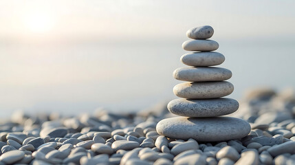 Stack of smooth gray stones balanced on a pebble beach with a blurred background of water and sky