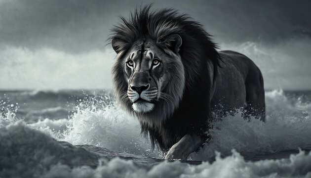 Powerful lion emerges from stormy ocean. Monochrome photo portrays wild animal amidst waves under dramatic sky. King of beasts walks in sea. Stormy environment. Strength and nature.