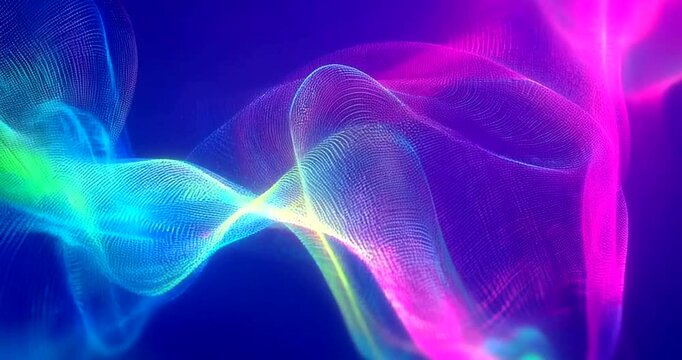Abstract digital wave pattern with vibrant neon colors flowing across a dark blue and purple background 4k video