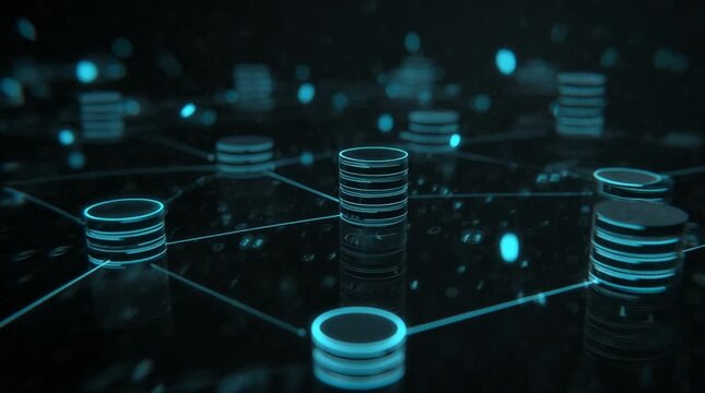 Digital network of glowing database servers illustrating data transfer and information systems in modern technology and IT infrastructure - Powered by Adobe