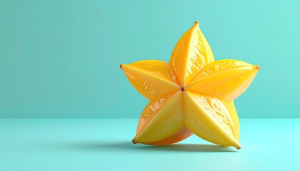 A single ripe star fruit on a turquoise background.
