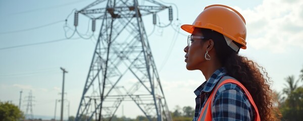 An African American female engineer stands near a high voltage power line tower. She wears a helmet and reflective vest. The photo suggests work related to electricity and power infrastructure.