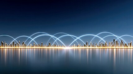 A futuristic cityscape with illuminated skyscrapers connected by glowing arcs, reflected in calm water under a dark blue sky at night.