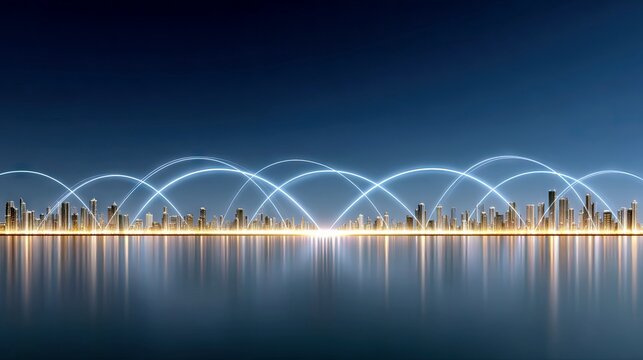 A futuristic cityscape with illuminated skyscrapers connected by glowing arcs, reflected in calm water under a dark blue sky at night.